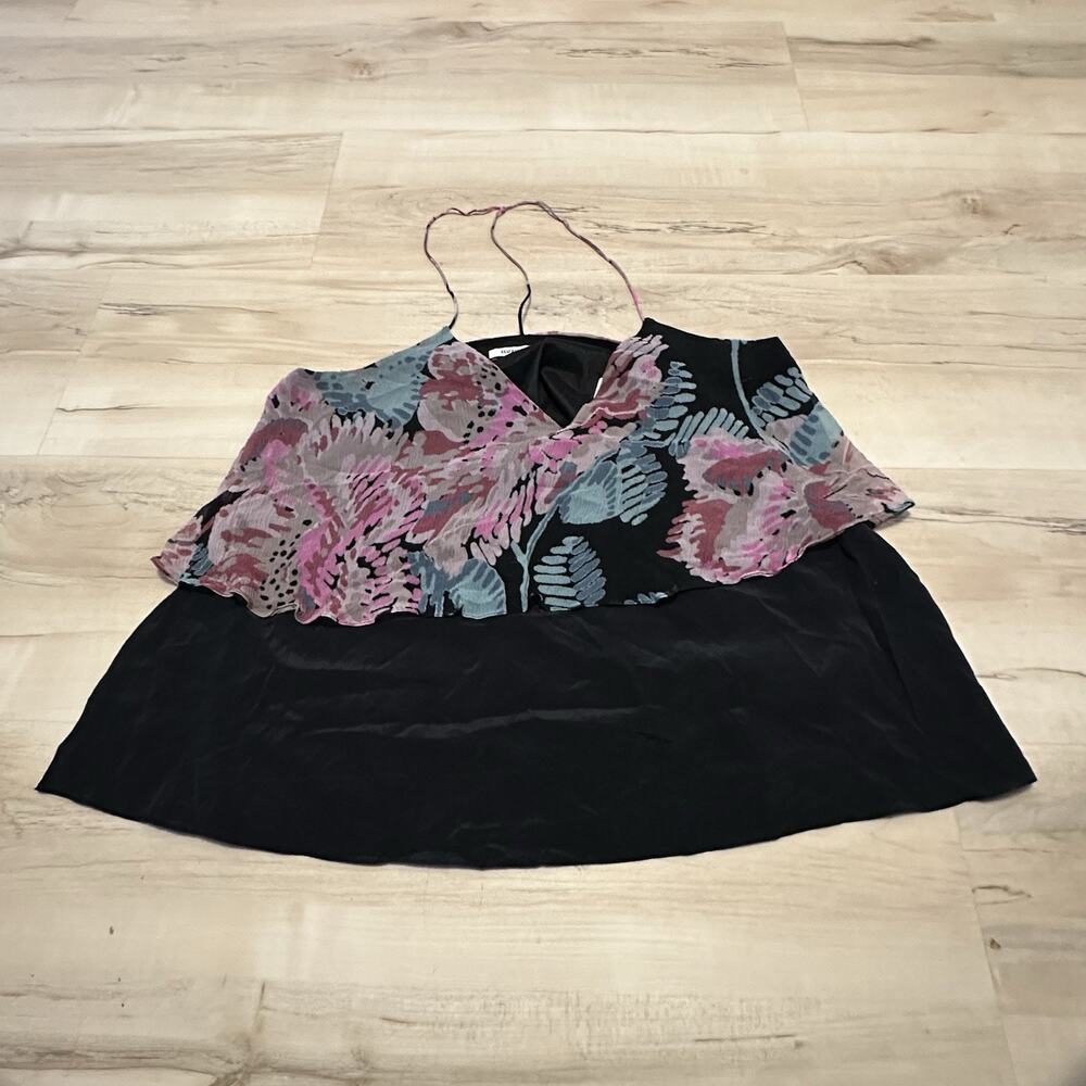 Elizabeth and James Black Silk Floral Ruffle‎ Overlay Halter Top